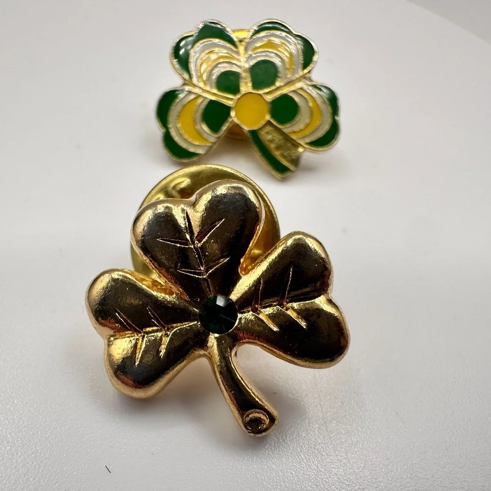 Vintage 90s Shamrock Lapel Pins Set Green Enamel Gold Tone Floral Rhinestone Y2K